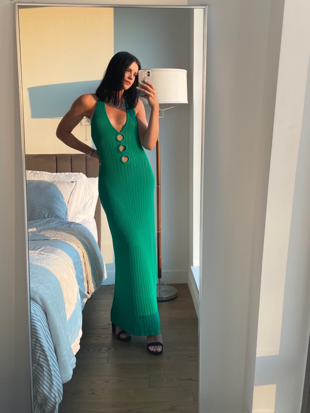 Kookai Emerald Green Ribbed Maxi Dress with Front Ring Cutouts